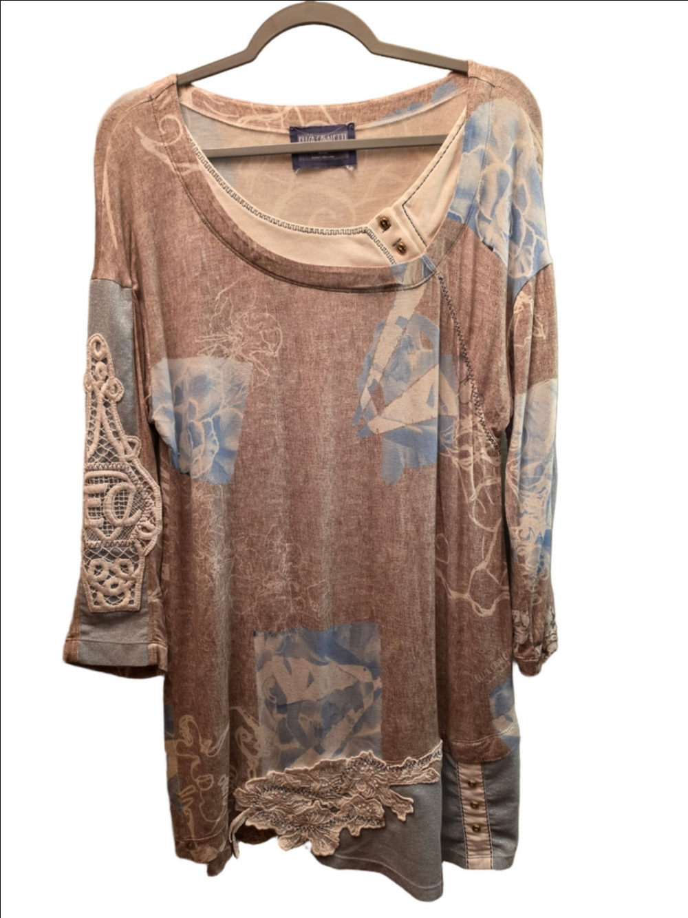 Elisa Cavaletti Italian Artwear Lace Appliqué Tunic Top M Made in Italy